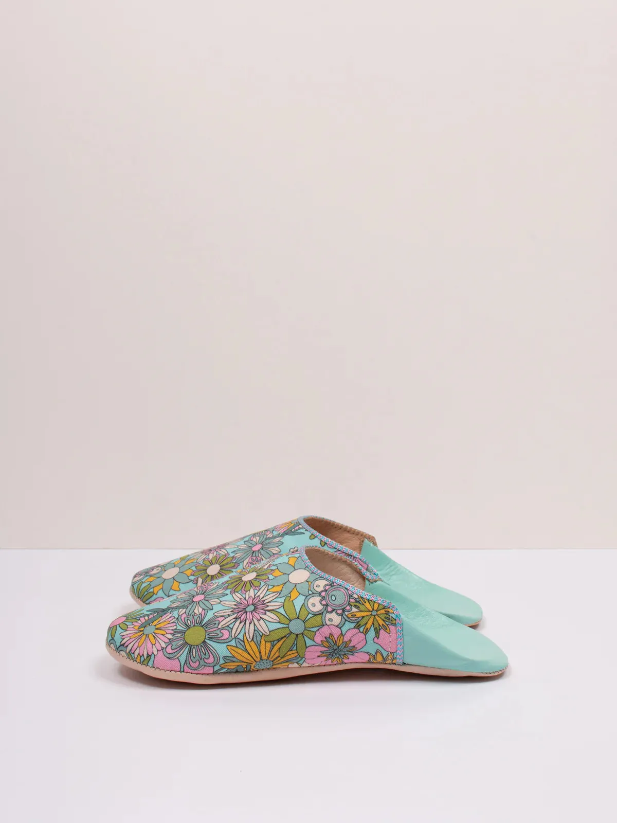 Bohemia Floral Fabric Babouche Slippers, Duck Egg