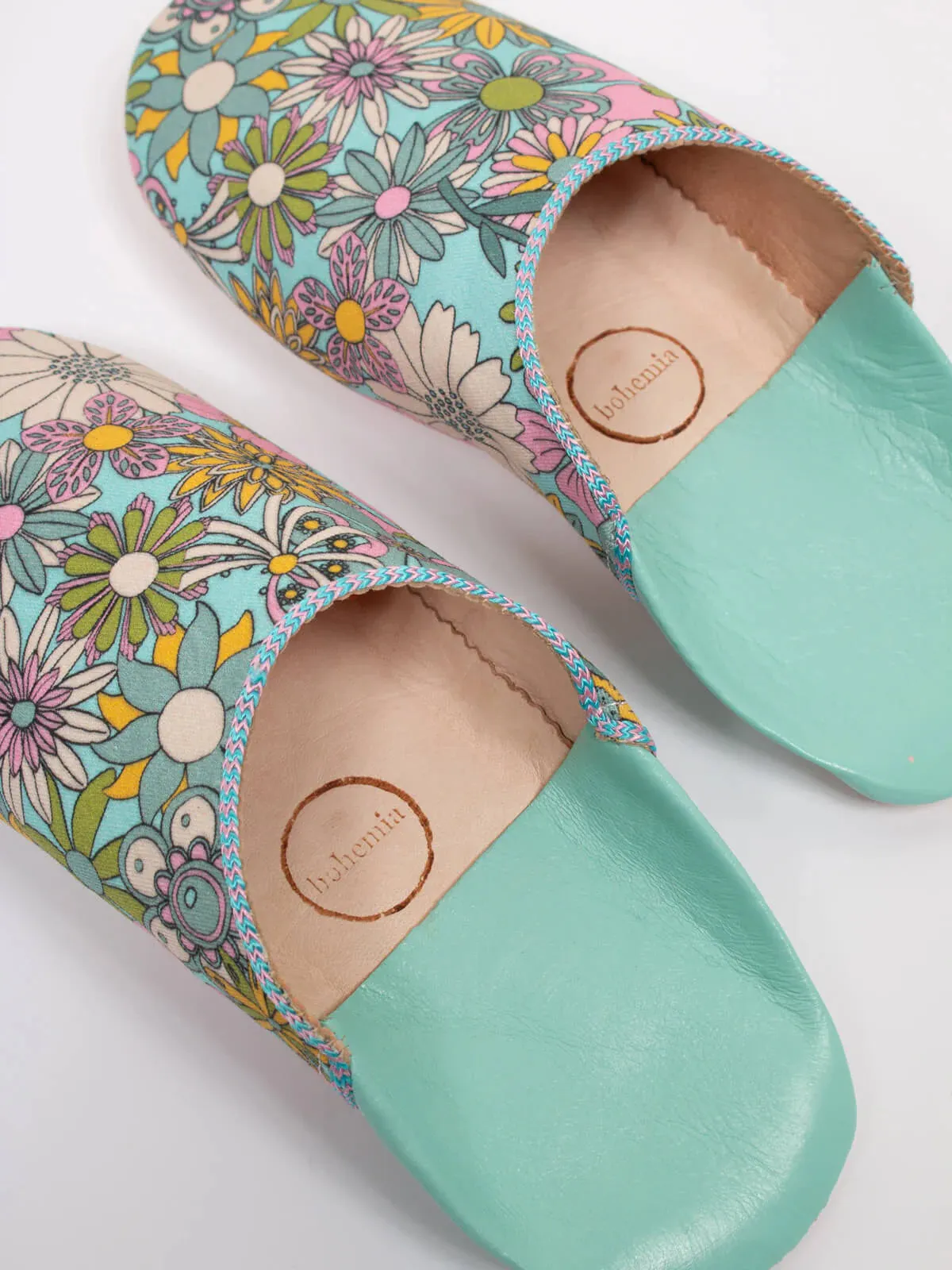 Bohemia Floral Fabric Babouche Slippers, Duck Egg