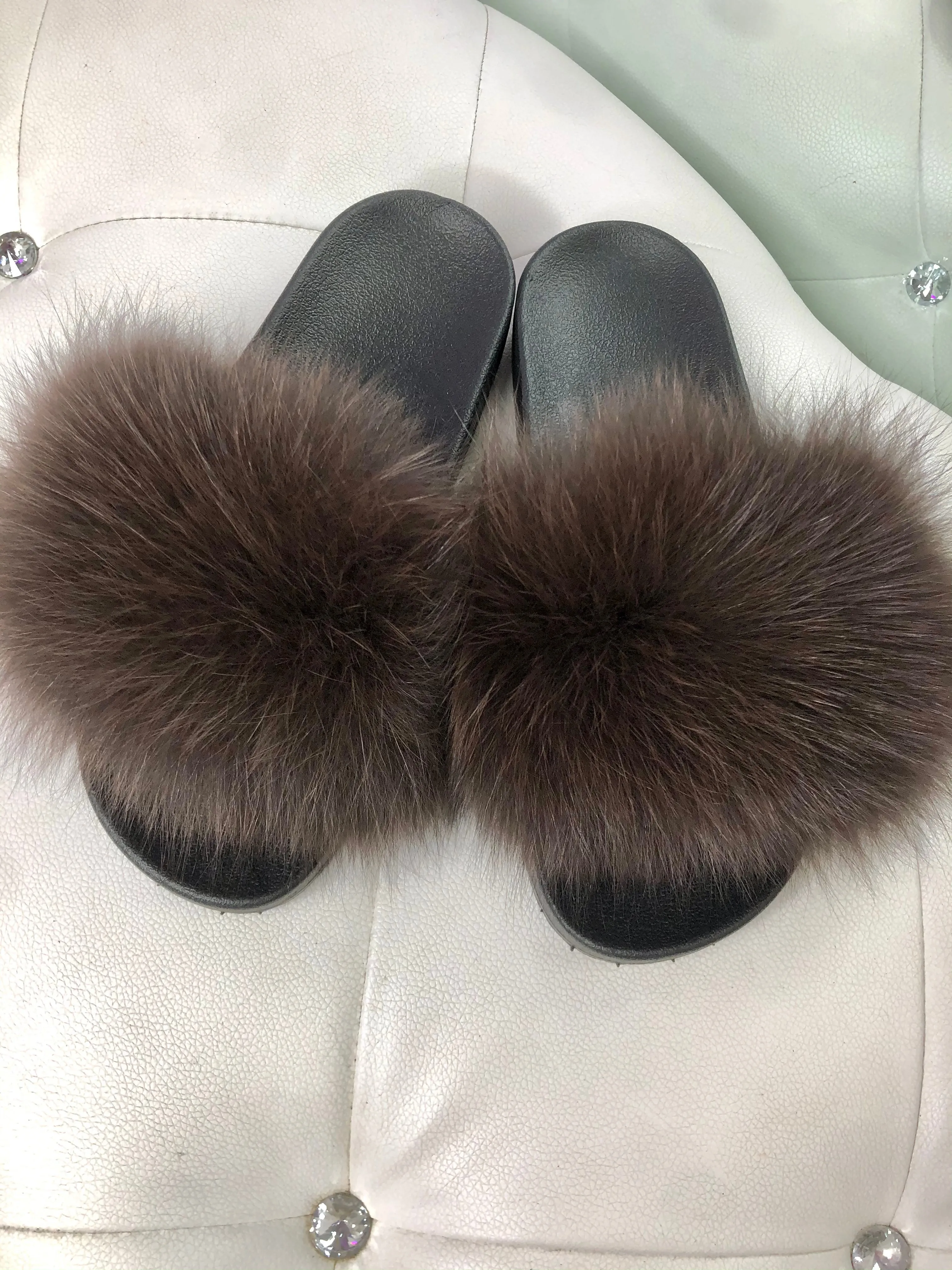 Brown Real Polar Fox Fur Slippers
