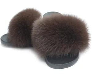 Brown Real Polar Fox Fur Slippers
