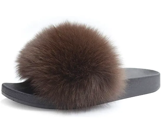 Brown Real Polar Fox Fur Slippers