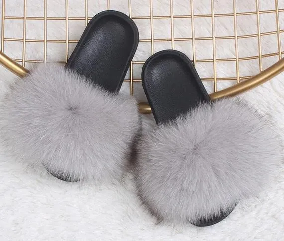 Cloudy Gray Real Polar Fox Fur Slippers