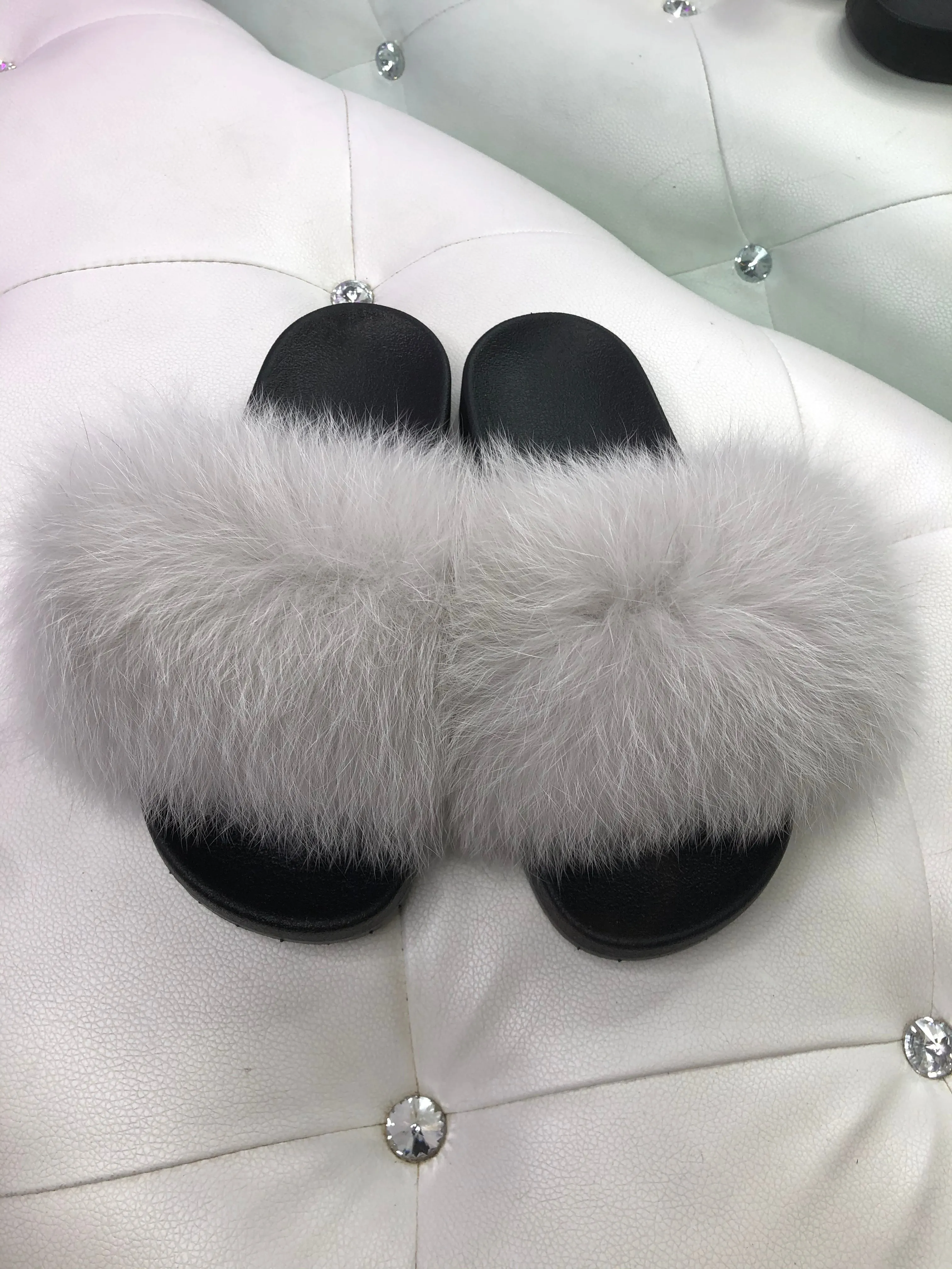 Cloudy Gray Real Polar Fox Fur Slippers