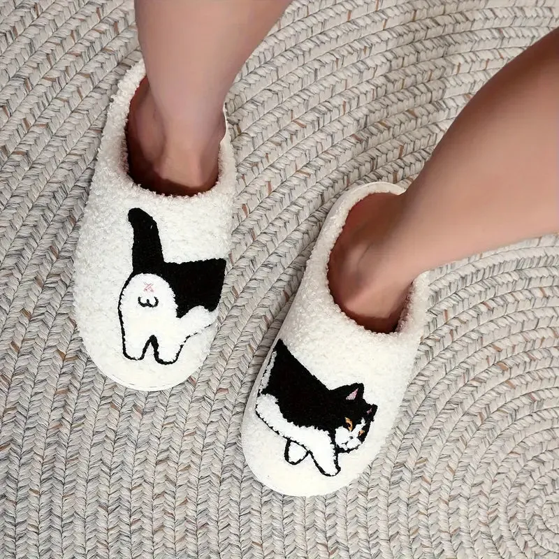 Cute Cat Pattern Slippers, Casual Slip On Plush Lined Shoes, Comfortable Indoor Home Slippers 
 SL0808 21