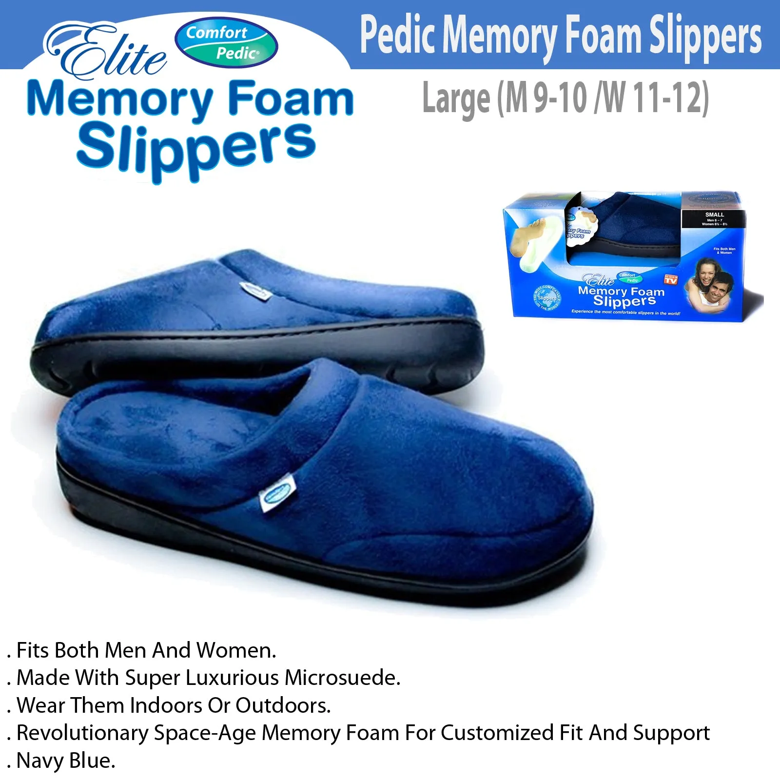 Elite Comfort Pedic Memory Foam Slippers- Large (M 9-10 /W 11-12)