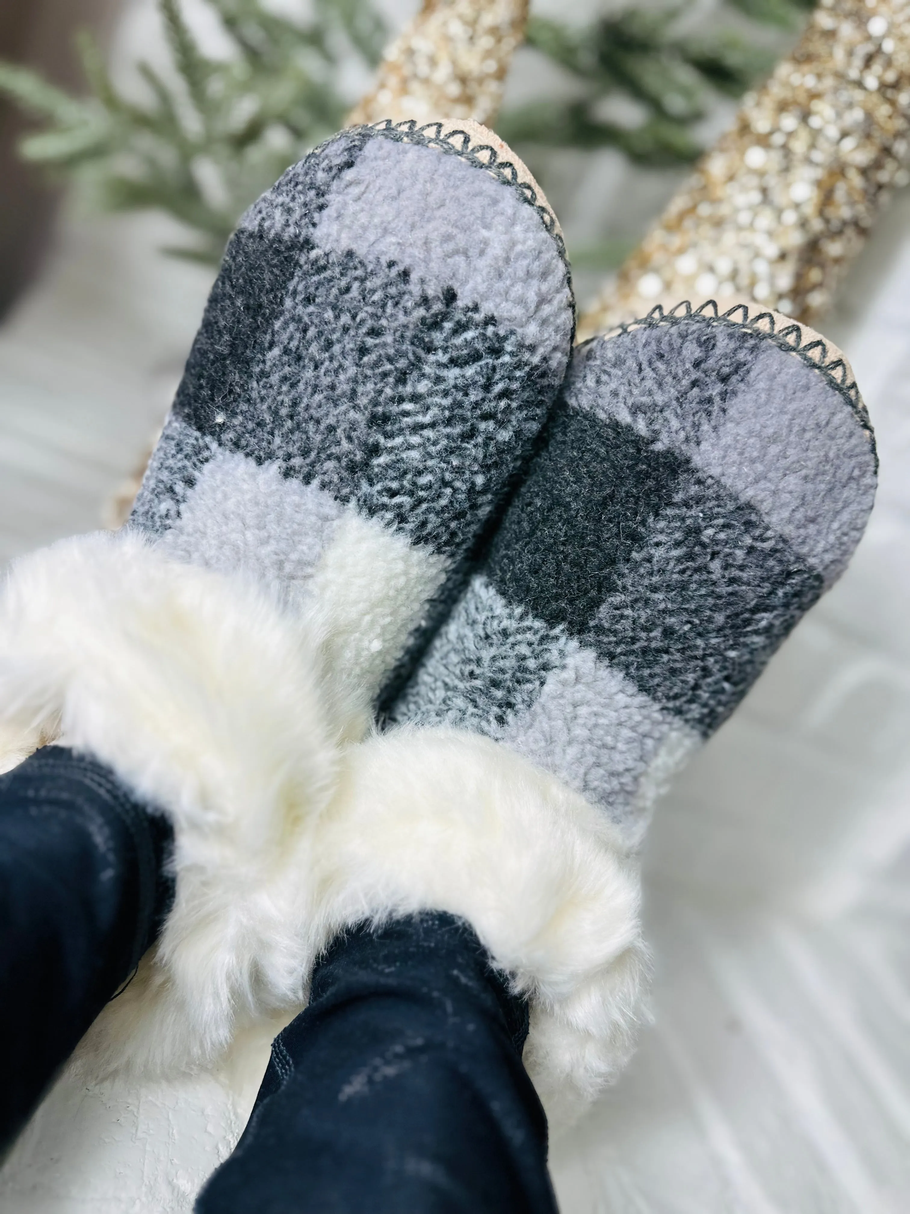 Fur Buffalo Check Slippers