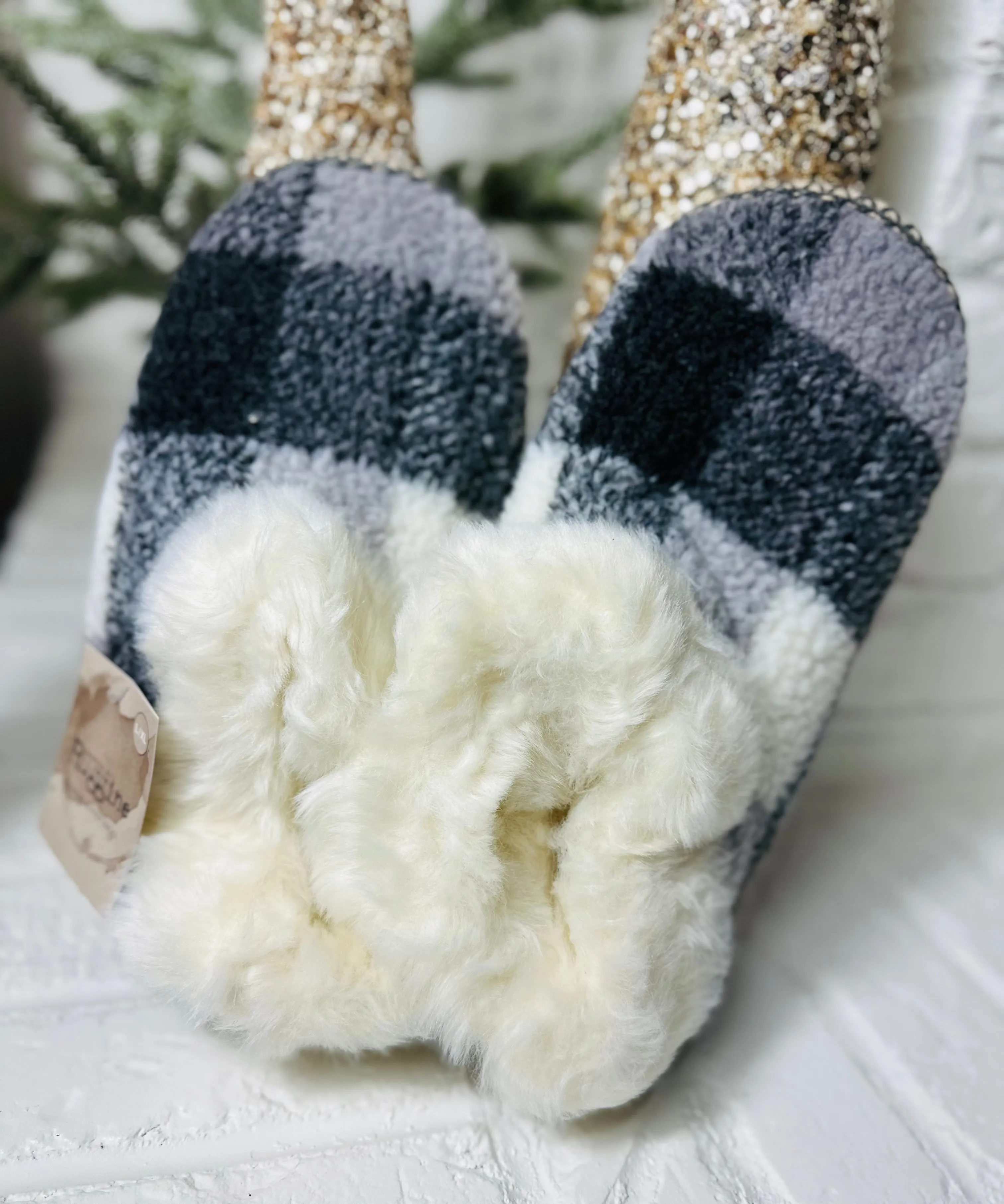 Fur Buffalo Check Slippers