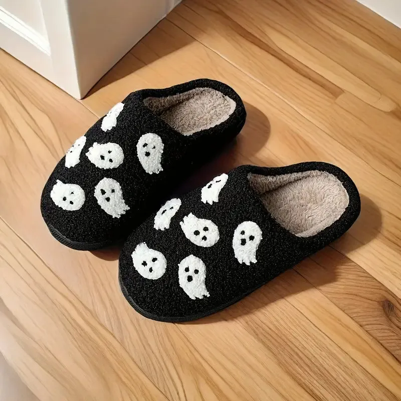 Halloween Ghost Pattern Slippers, Casual Slip On Plush Lined Shoes, Comfortable Indoor Home Slippers SL0808 02