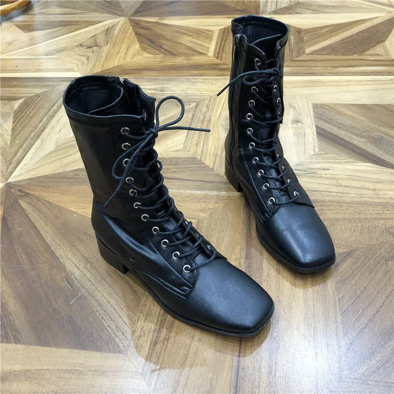 LUXE SEVEN DESIGN LACE UP HEELED ANKLE BOOTS IN BLACK