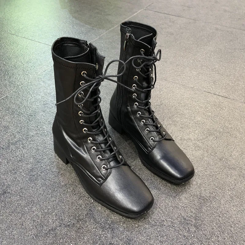 LUXE SEVEN DESIGN LACE UP HEELED ANKLE BOOTS IN BLACK