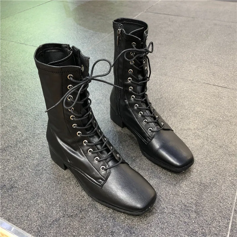 LUXE SEVEN DESIGN LACE UP HEELED ANKLE BOOTS IN BLACK