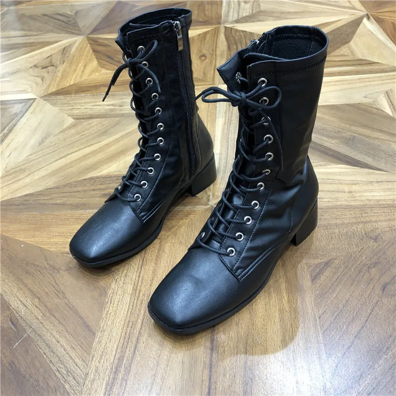 LUXE SEVEN DESIGN LACE UP HEELED ANKLE BOOTS IN BLACK