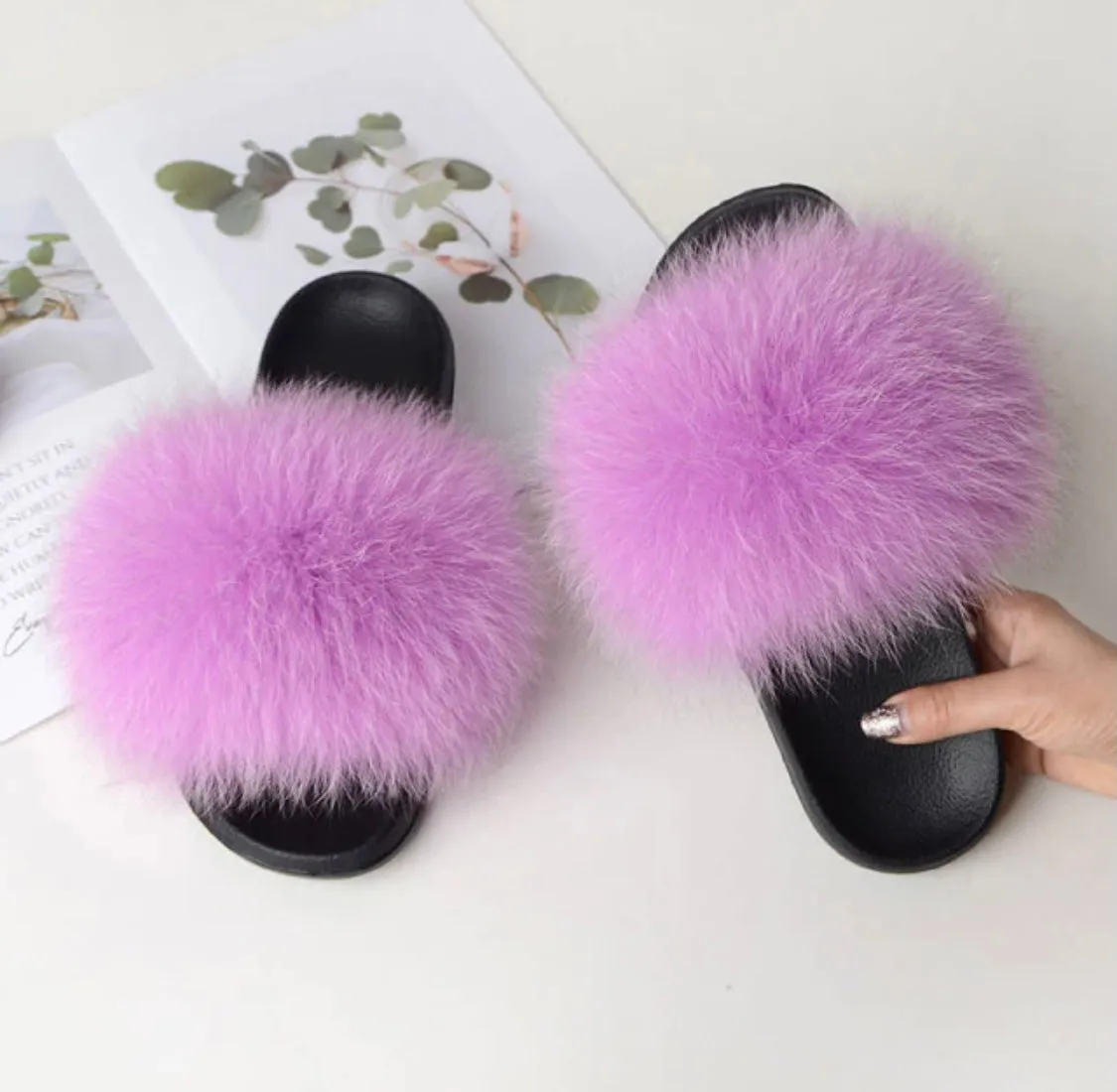 Mauve Real Polar Fox Fur Slippers