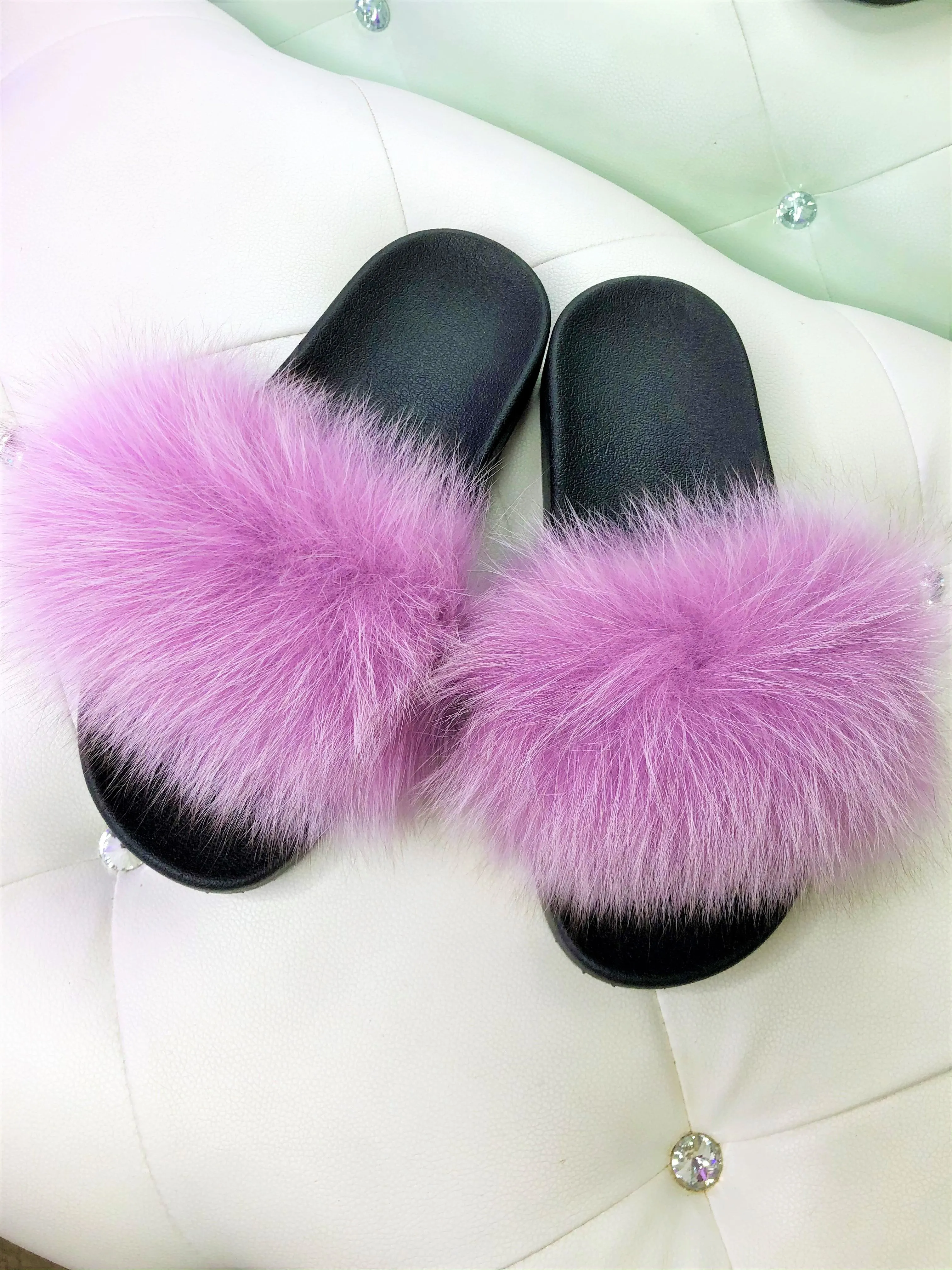 Mauve Real Polar Fox Fur Slippers