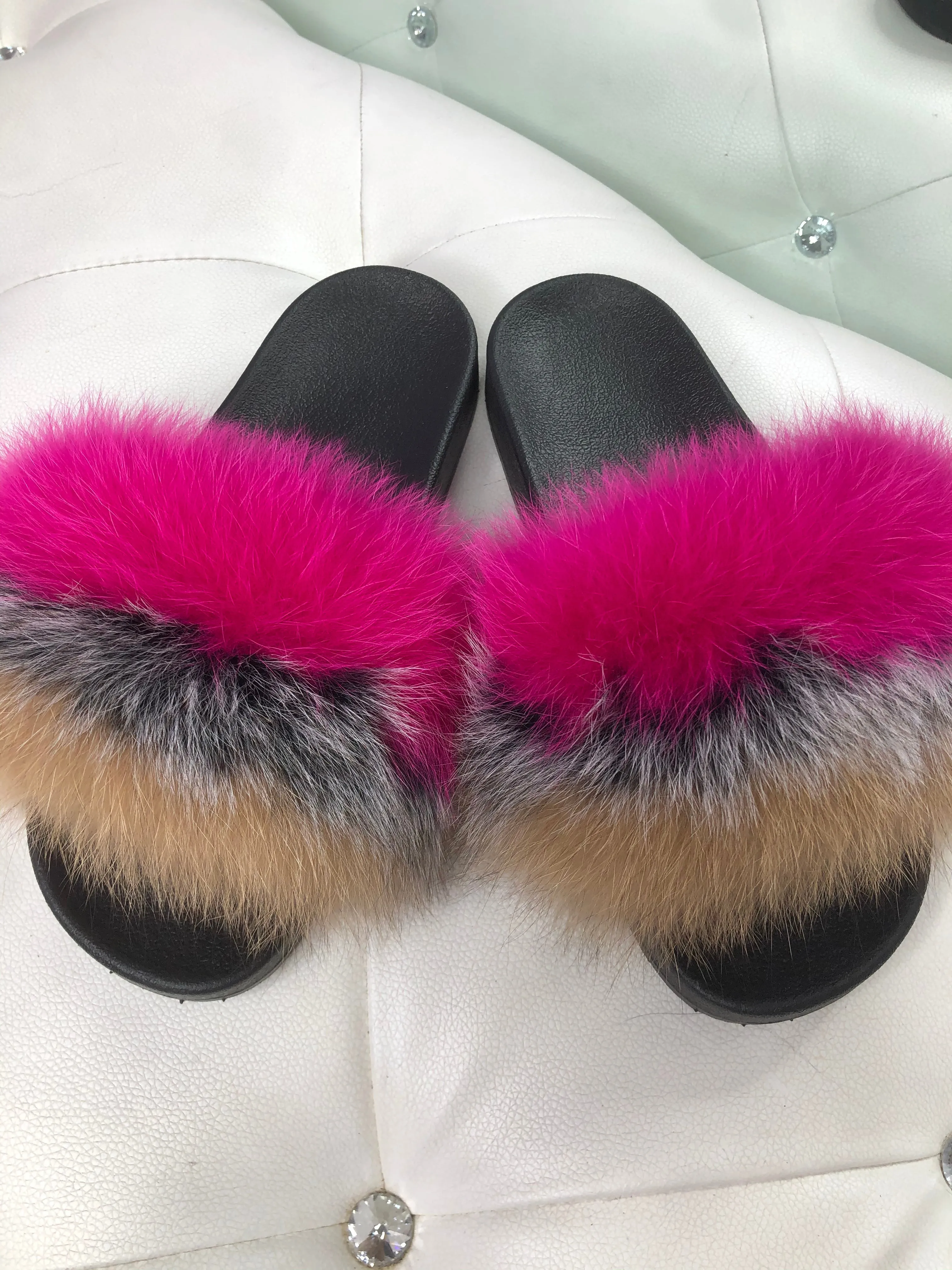 Multicolored Real Polar Fox Fur Slippers