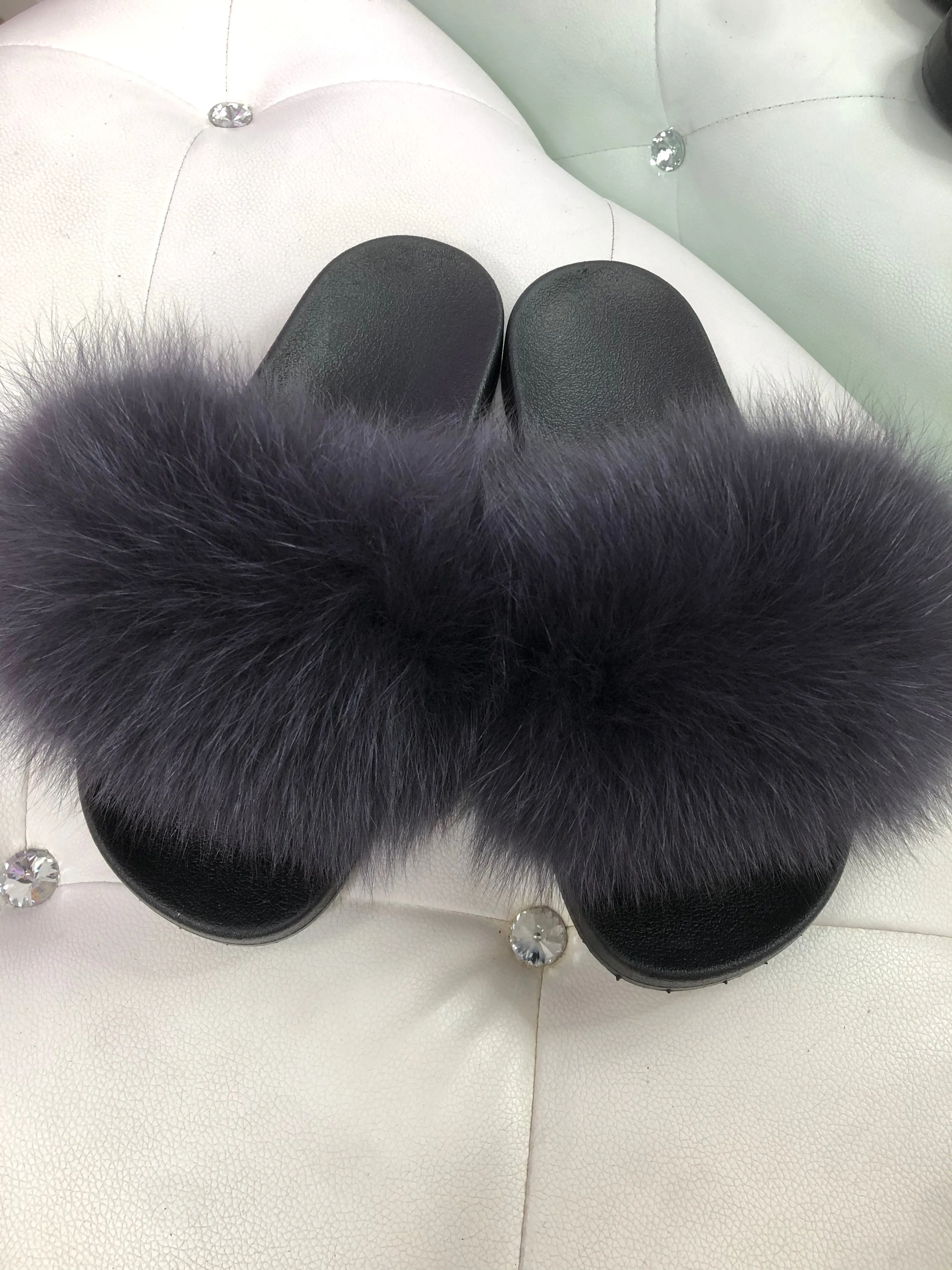 Steel Real Polar Fox Fur Slippers