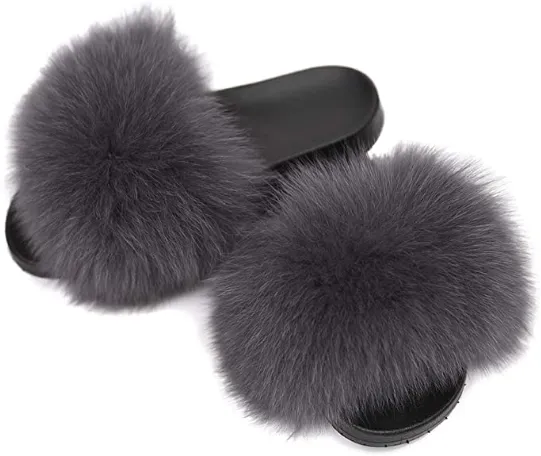 Steel Real Polar Fox Fur Slippers